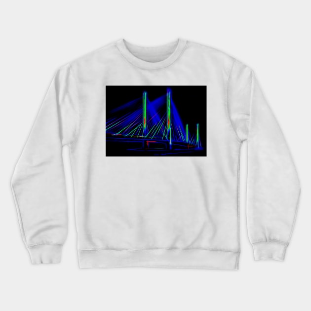 Blue IRI Bridge at Night in Neon Lines Crewneck Sweatshirt by Swartwout